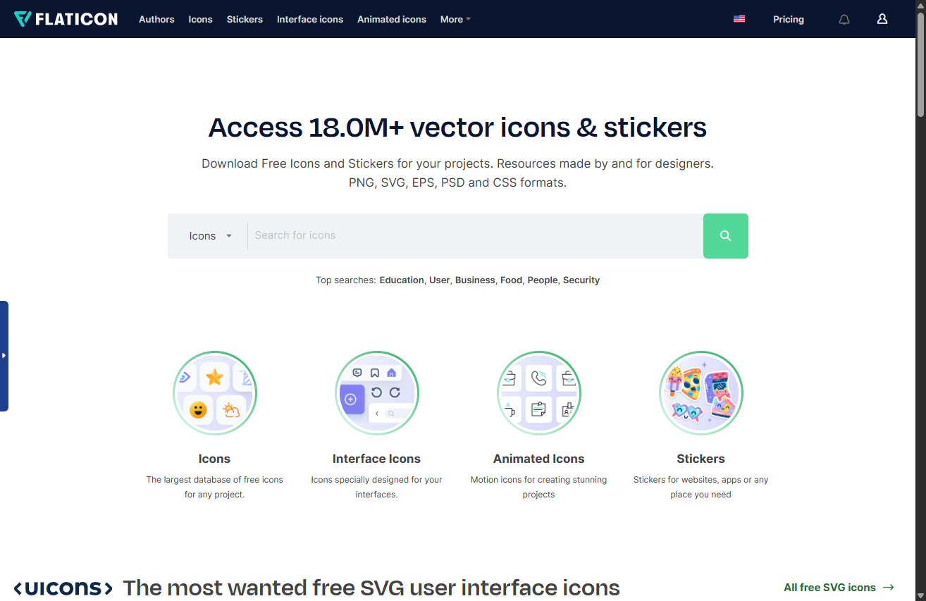 flaticon.com 메인 페이지 — 18M+ 벡터 아이콘·스티커 검색 화면